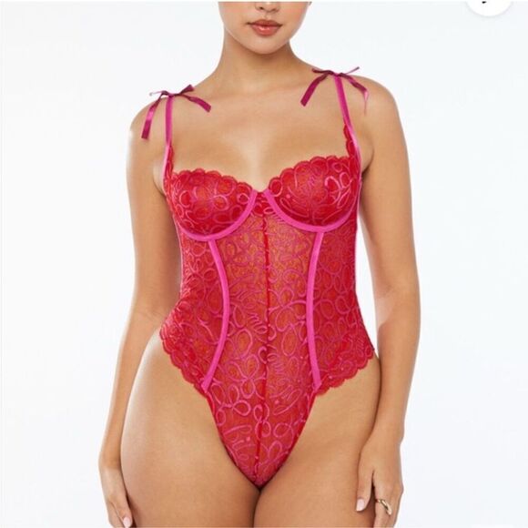NWT Savage X Fenty Sexy Red Pink Lace Teddy Lingerie Women’s 2X - Picture 1 of 9